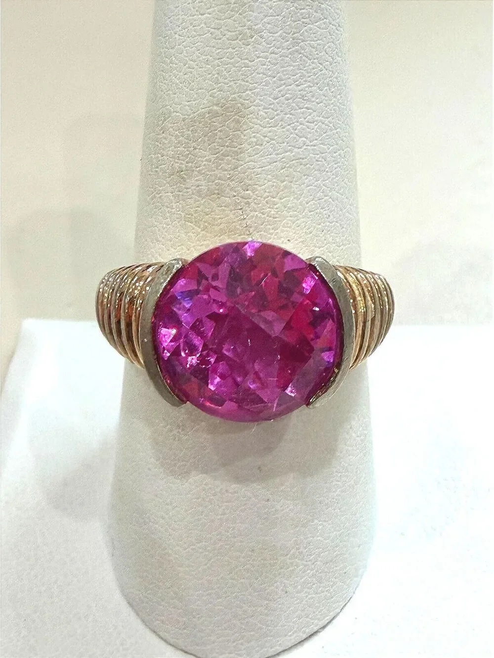 Vintage Pink Gemstone Ring with Gold Tone Band Size 9